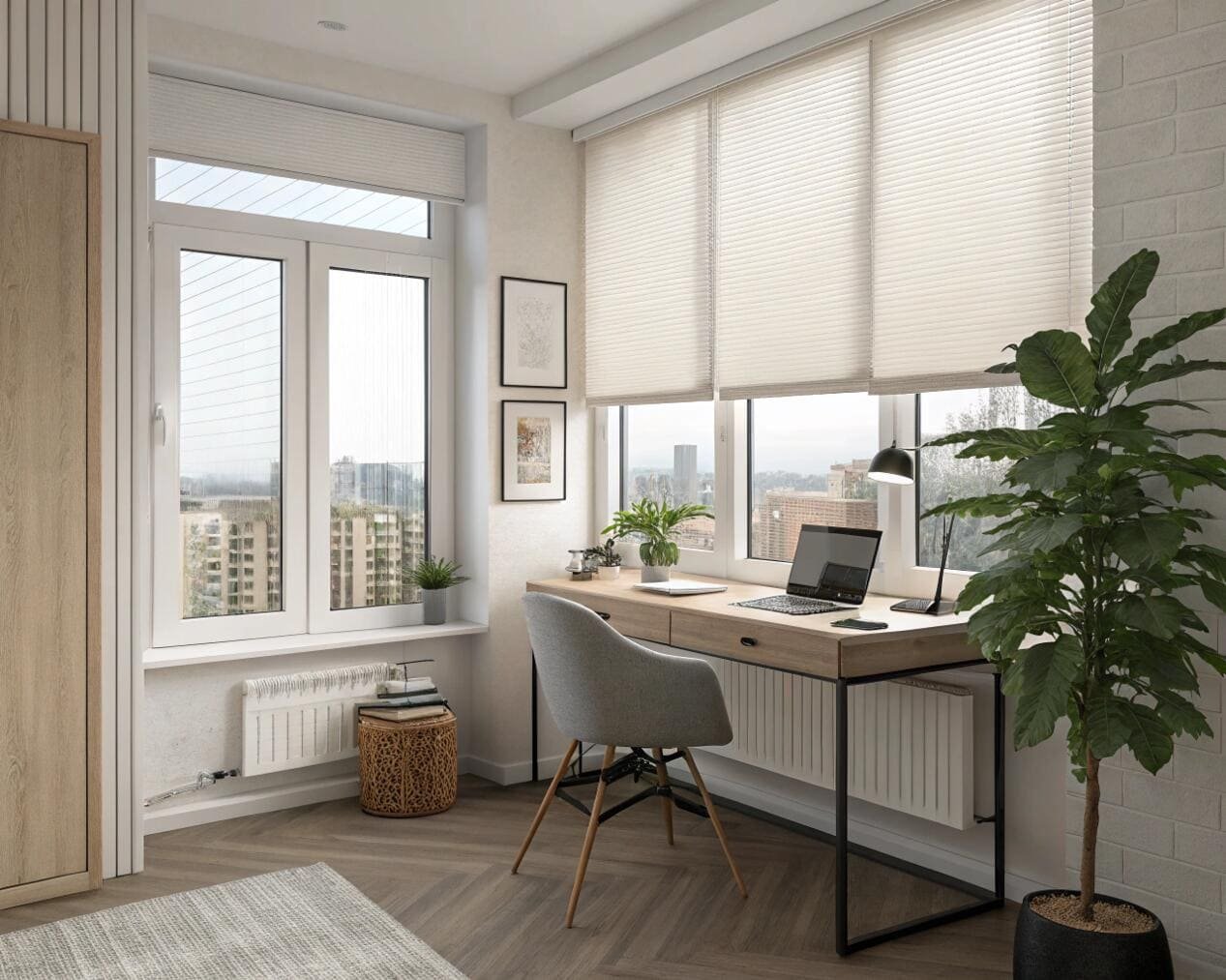 Urban home office with pleated blinds for enhanced privacy and light.
