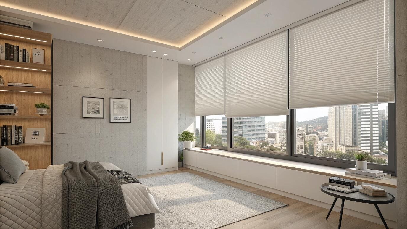 Modern city bedroom with panoramic views and white pleated shades.