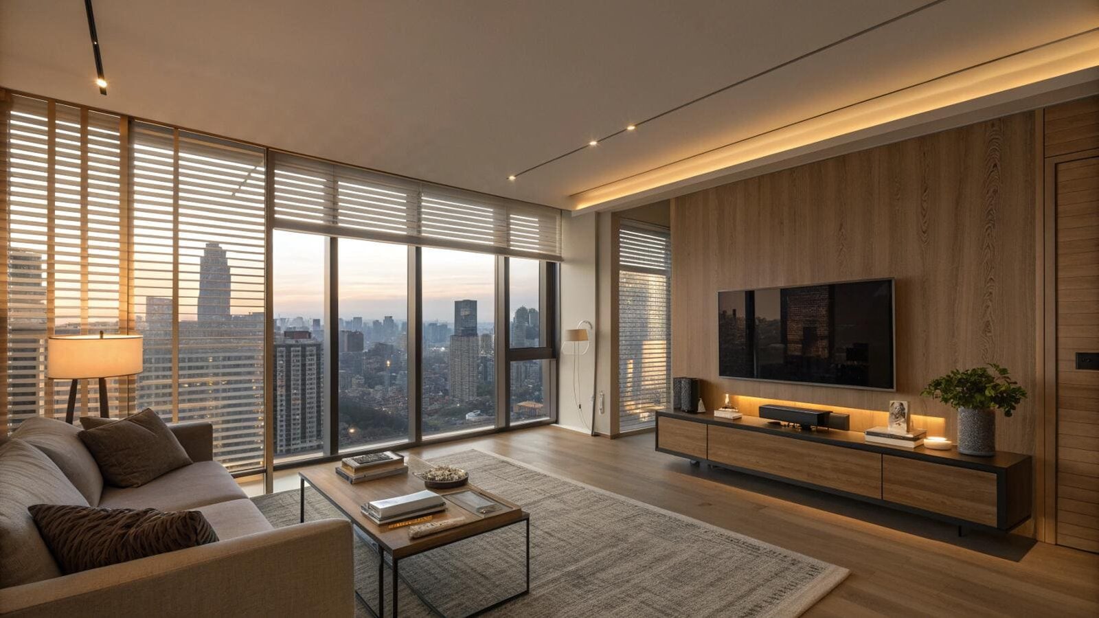 Modern living area with urban skyline and horizontal wooden blinds.