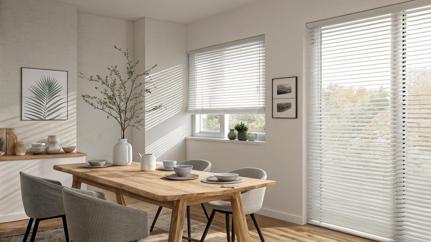 Modern dining area with natural light and white horizontal blinds.
