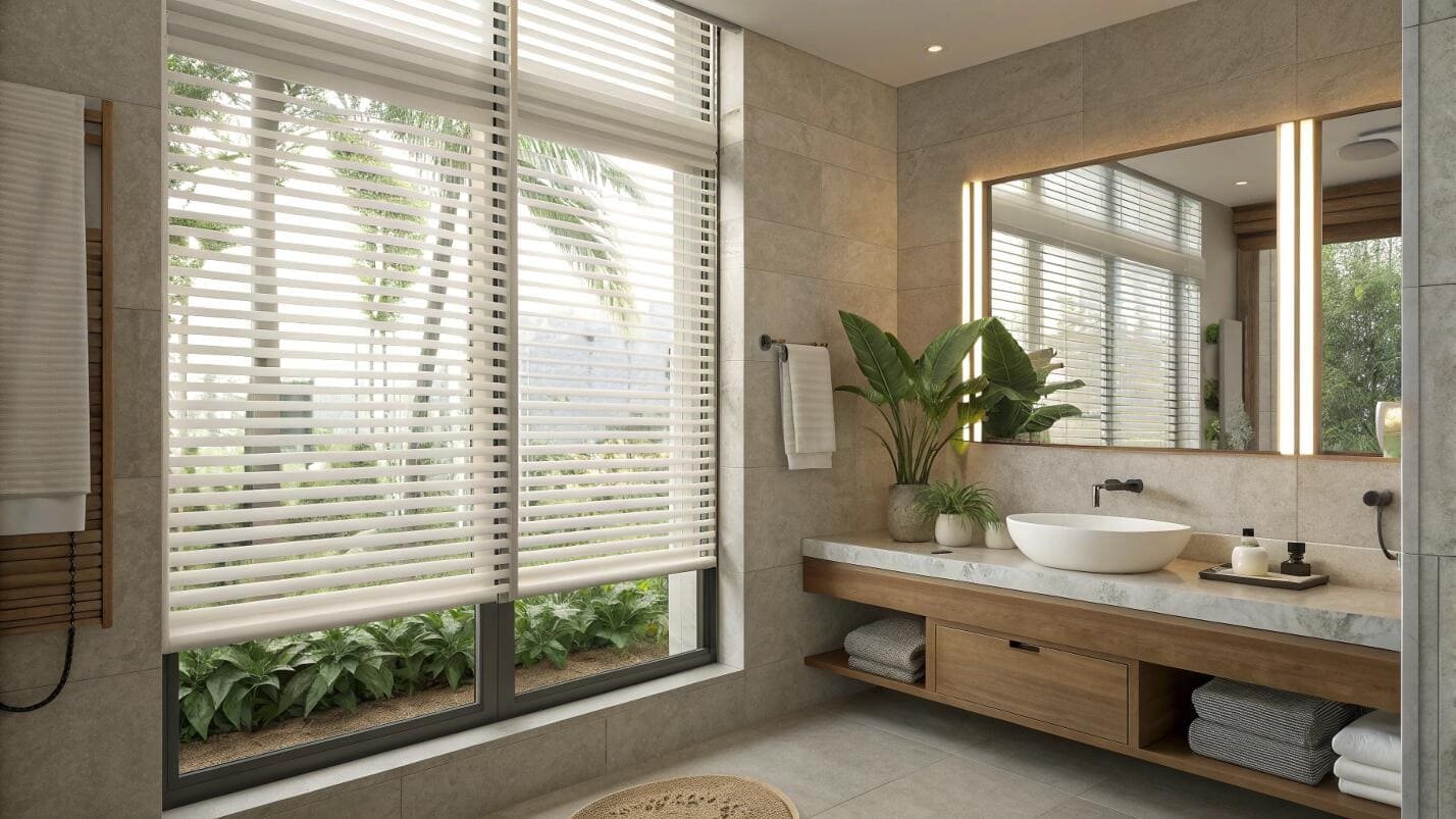 Modern bathroom with large windows and sheer horizontal window blinds.