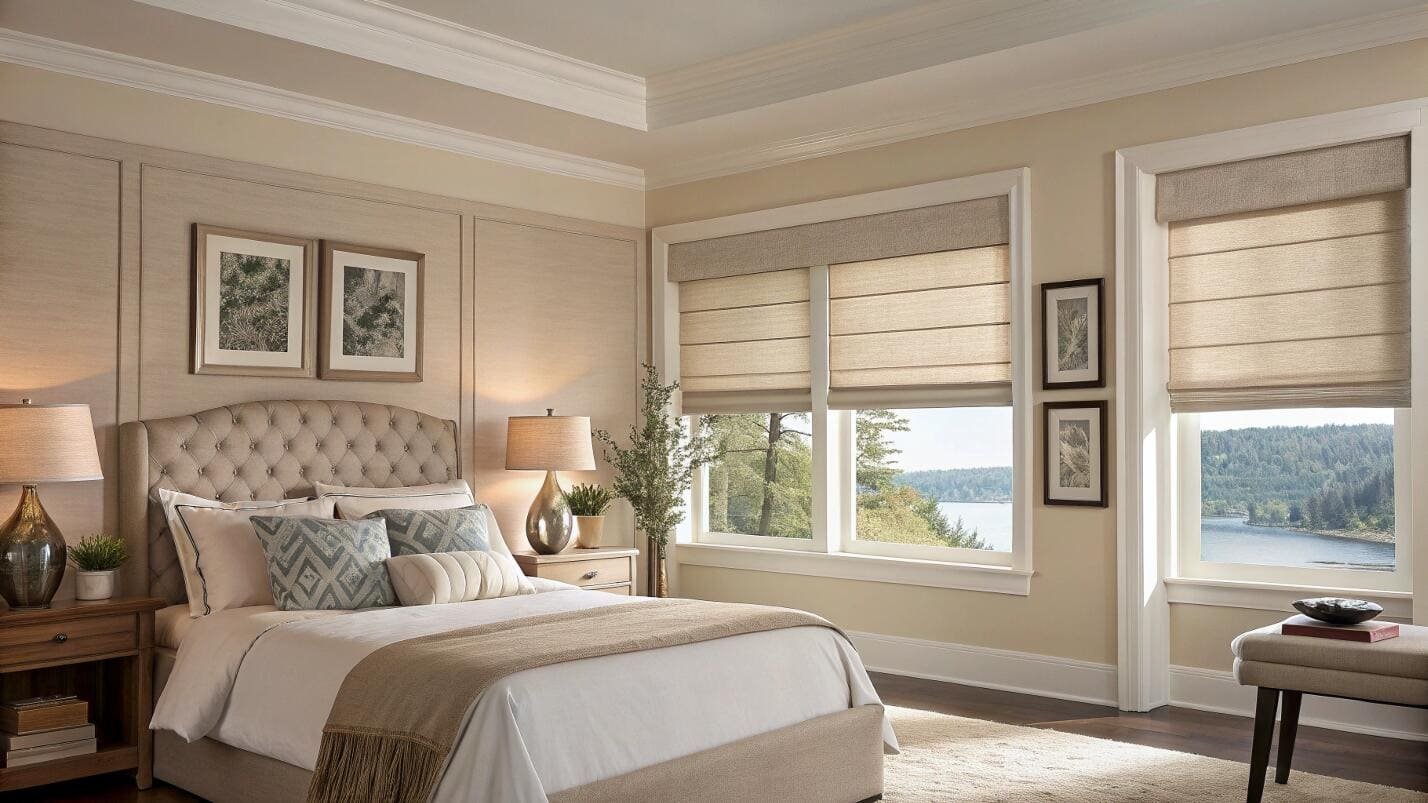 Beige bedroom with tranquil lake view, featuring coordinated Roman shades.