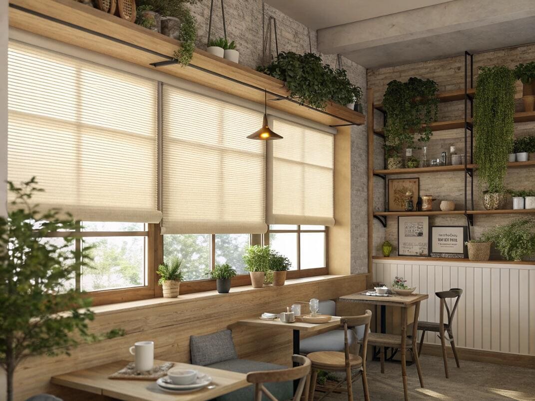Cafe interior with large windows and natural beige honeycomb shades.