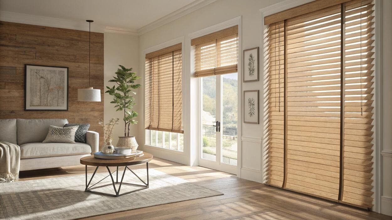 Modern living room adorned with natural wood venetian blinds on large windows.
