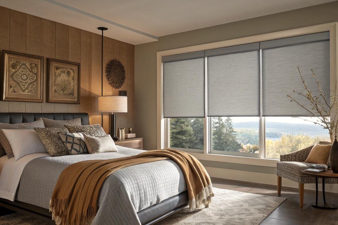 Cozy bedroom with three gray blackout roller blinds to darken the room.