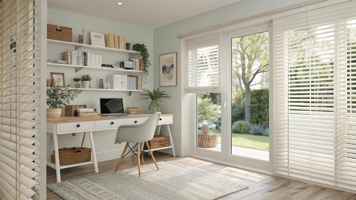 Bright home office with white venetian blinds and garden view.