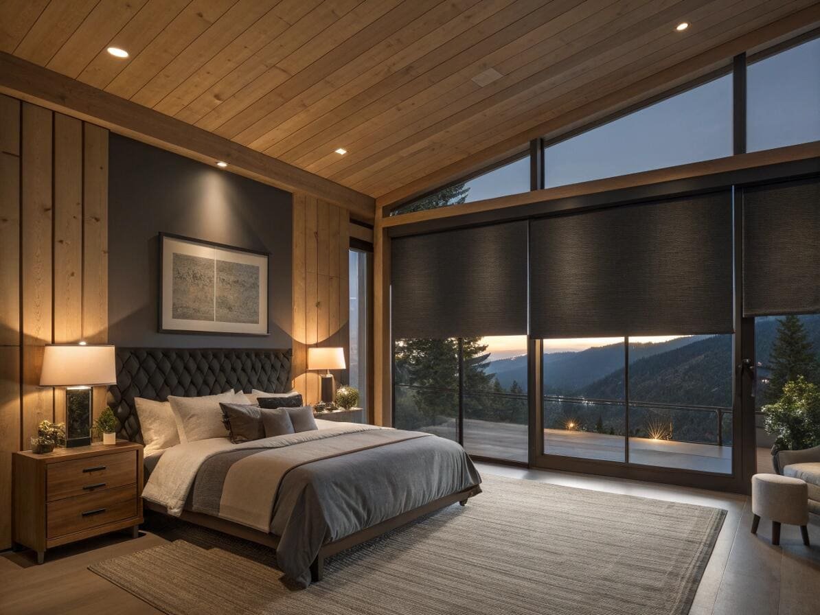 Rustic bedroom featuring blackout roller shades for privacy and light control.