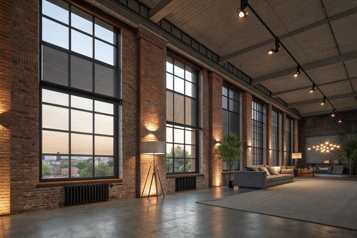 Industrial loft with top-down bottom-up cellular shades on tall exposed brick windows.