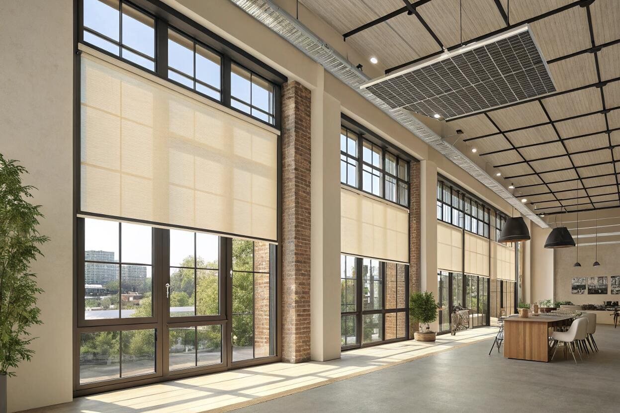 Open office space with solar roller shades controlling glare on a sunny day.