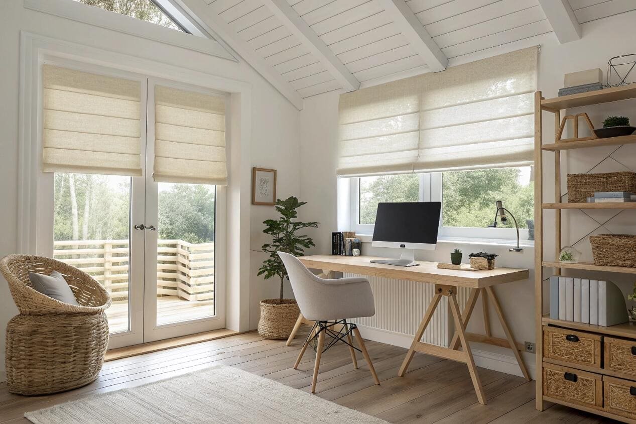 Home office with stylish roman shades offering privacy and diffused light.