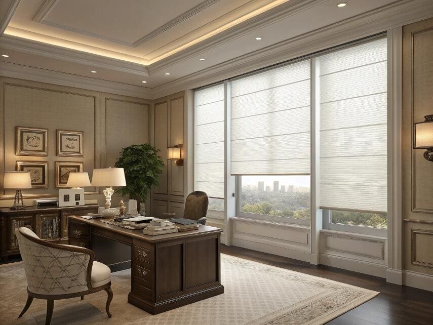 Executive office with classic roman shades and elegant decor.