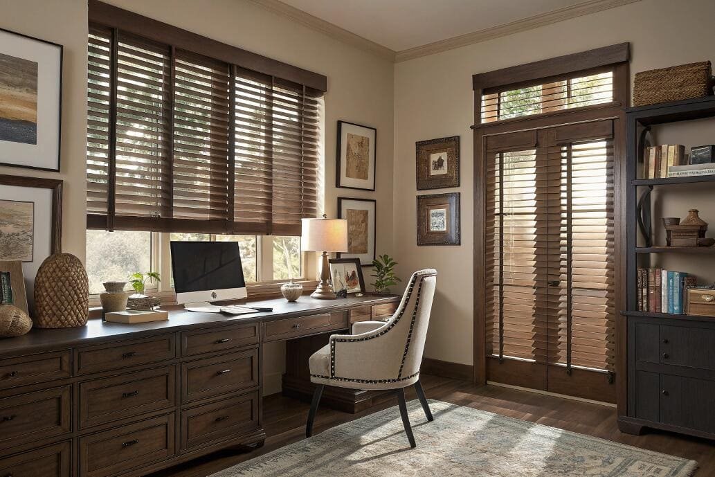 Classic dark-wood office featuring wood blinds offering a professional atmosphere.
