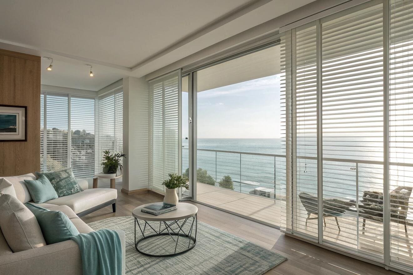 Coastal living room with venetian blinds showcasing ocean view.