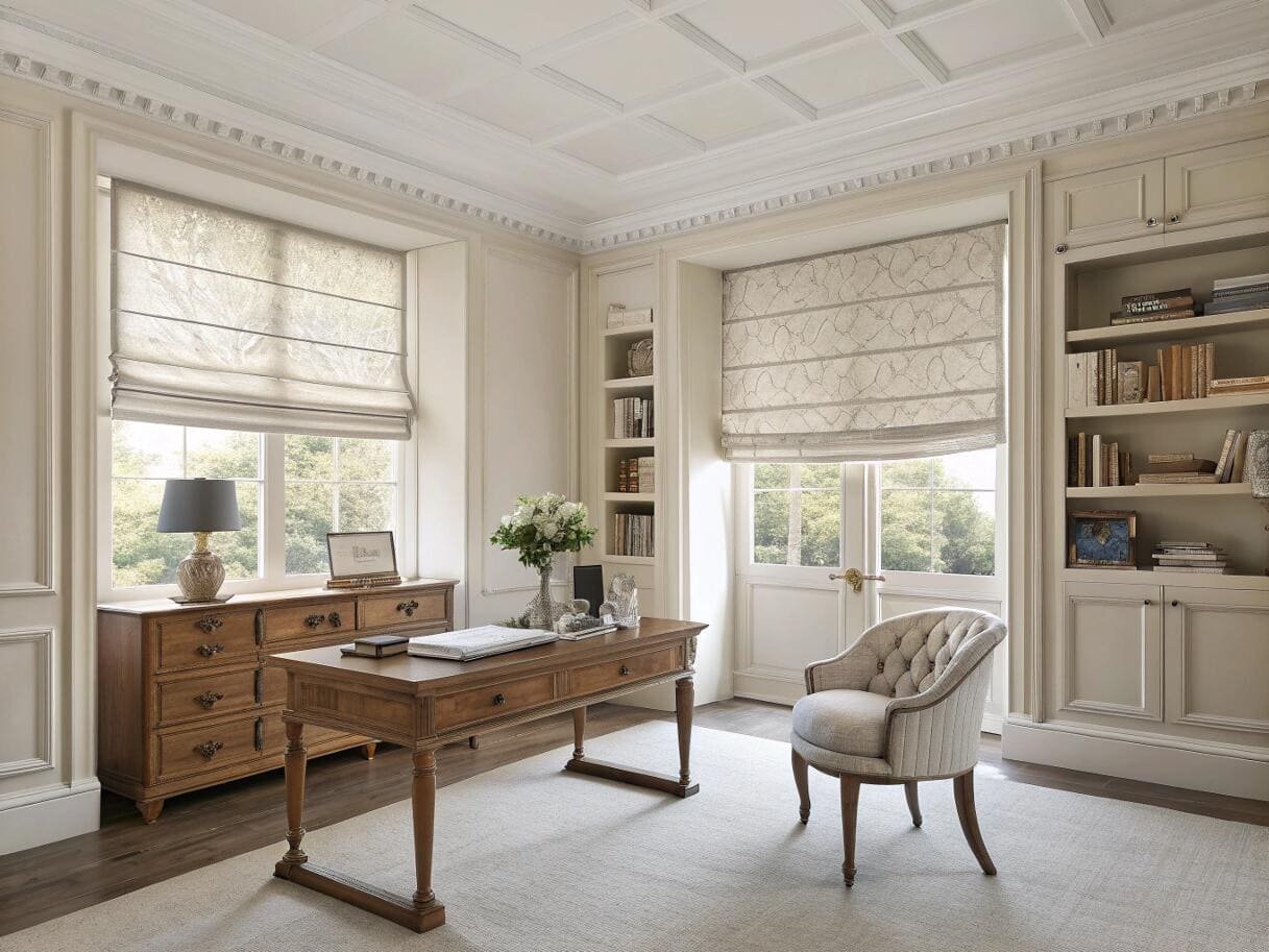Elegant home office with custom patterned roman shades for a classic look.