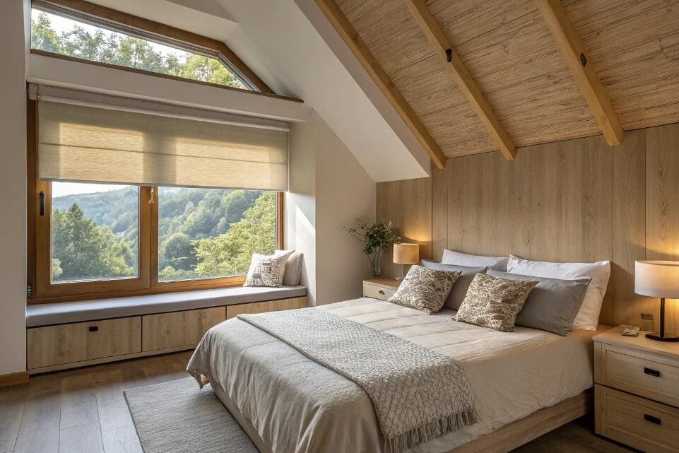 Cozy attic bedroom featuring a top-down bottom-up shade on a skylight.