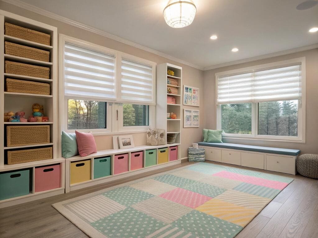 Vibrant playroom with ample natural light filtered by white zebra blinds.