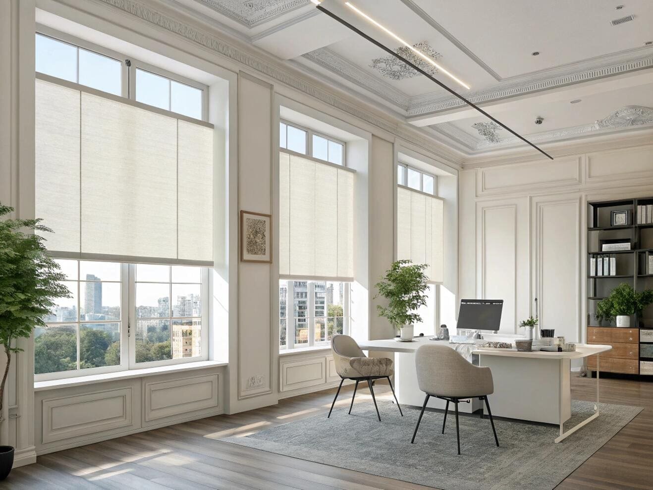 Professional office with top-down bottom-up shades for privacy and city views.