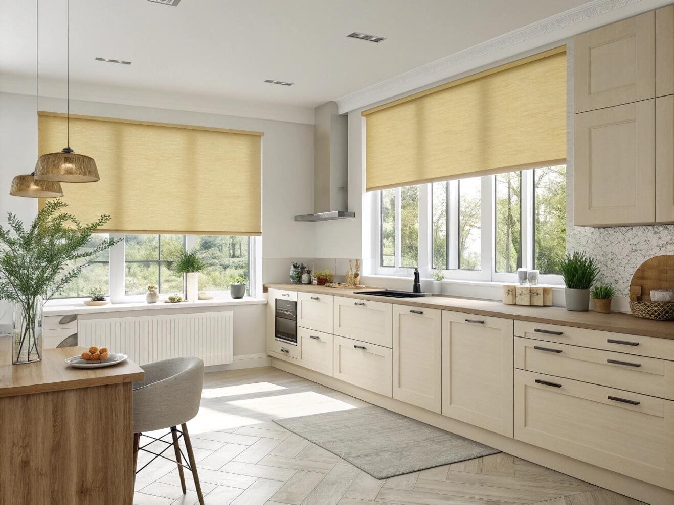 Bright kitchen featuring warm yellow roller shades for a cheerful, sunny atmosphere.