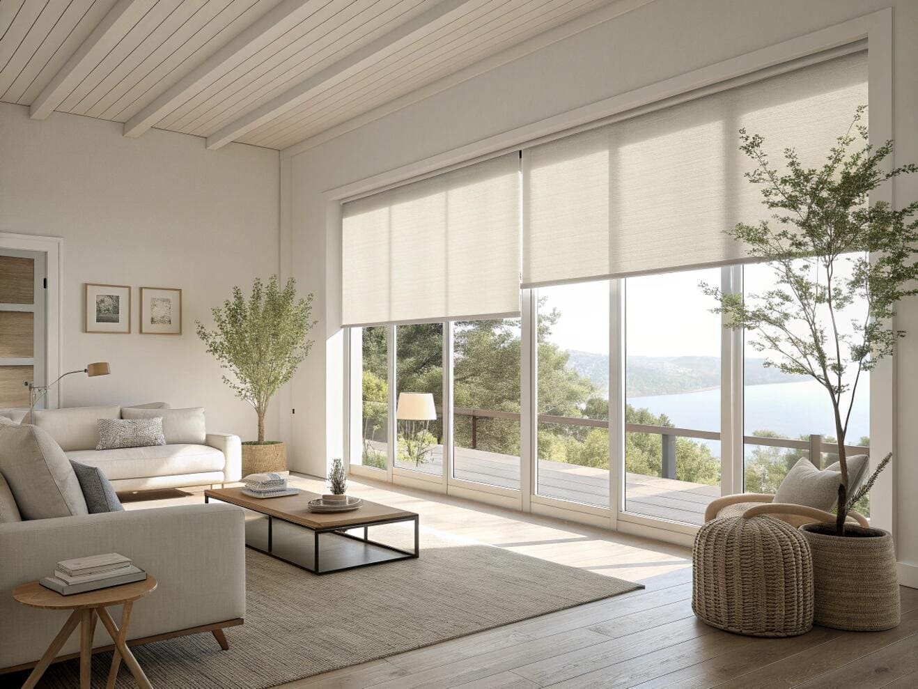 Airy living room featuring dual roller shades for versatile light and privacy control.