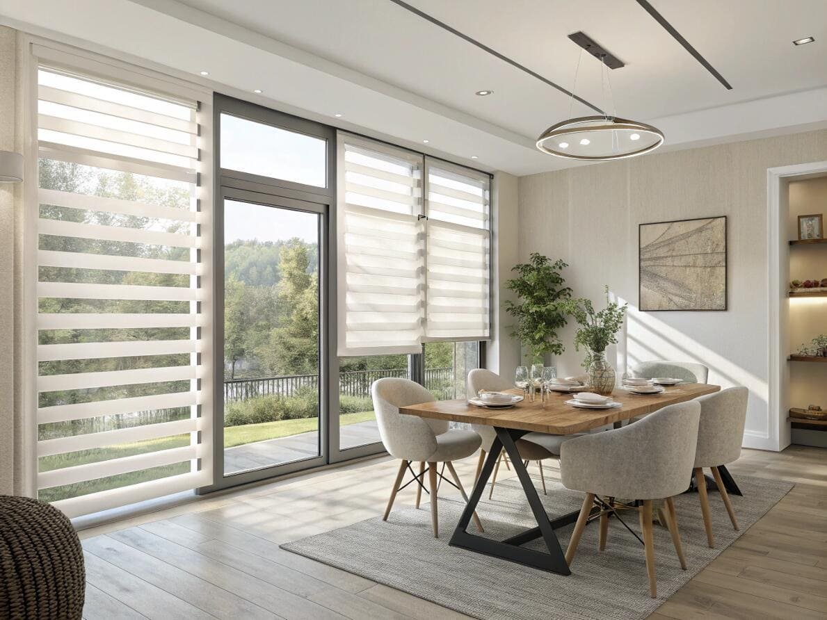 Contemporary dining room featuring elegant white zebra shades for versatile light control.
