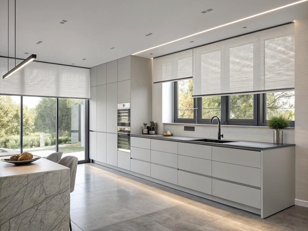 Modern kitchen with minimalist roller shades for a sleek, clean design.