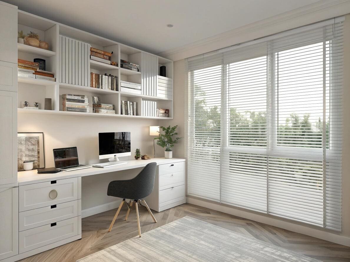 Modern home office with clean white Venetian blinds for precise light management.