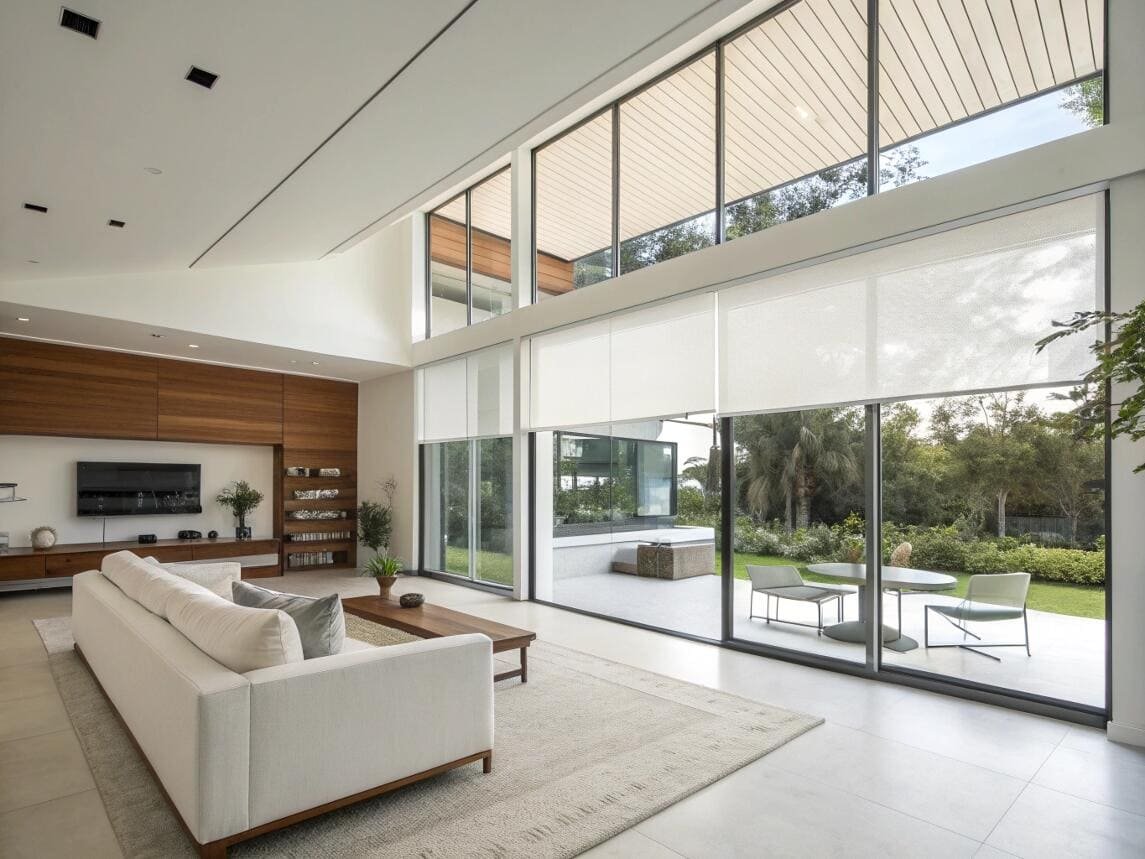 Modern great room with motorized solar shades for floor-to-ceiling windows.