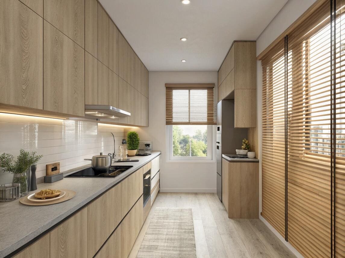Modern kitchen featuring natural faux wood blinds for a warm, organic aesthetic.