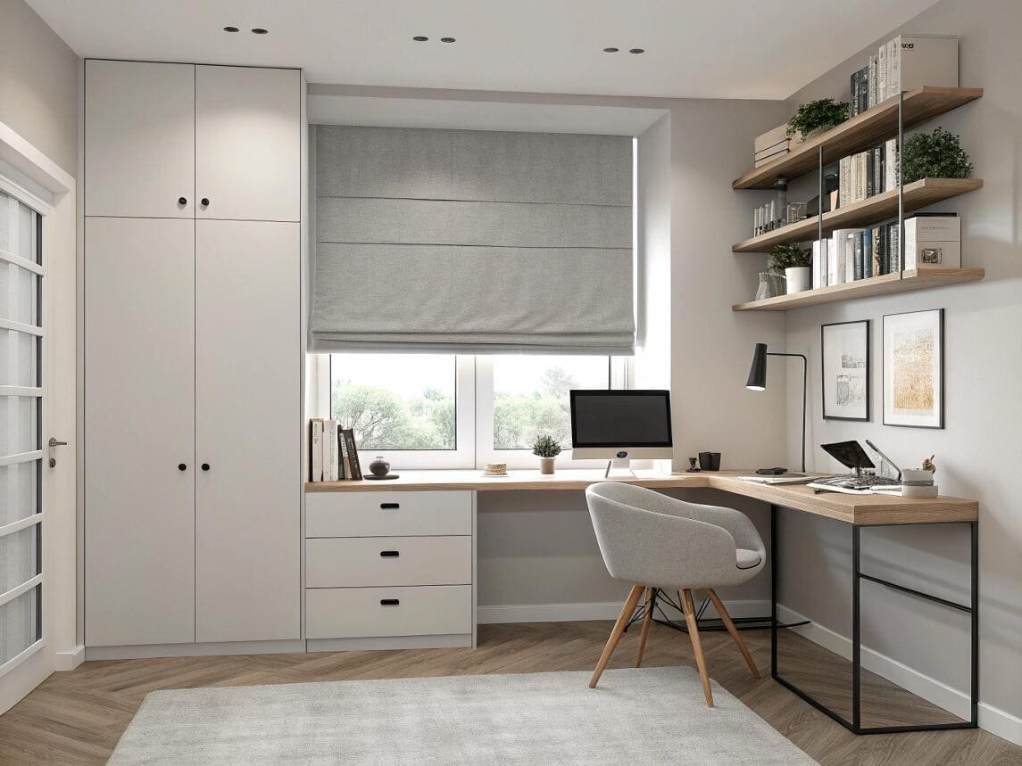 Functional home office with a custom grey fabric Roman shade providing soft light.
