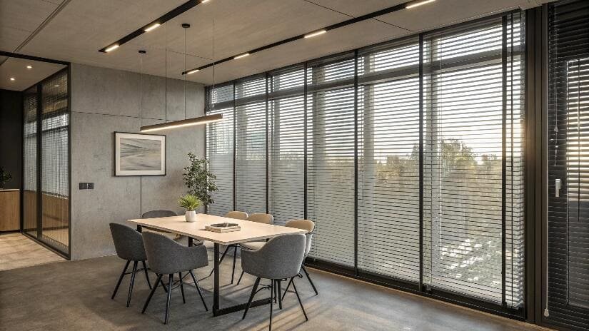 Contemporary meeting room with dark horizontal blinds on large windows.