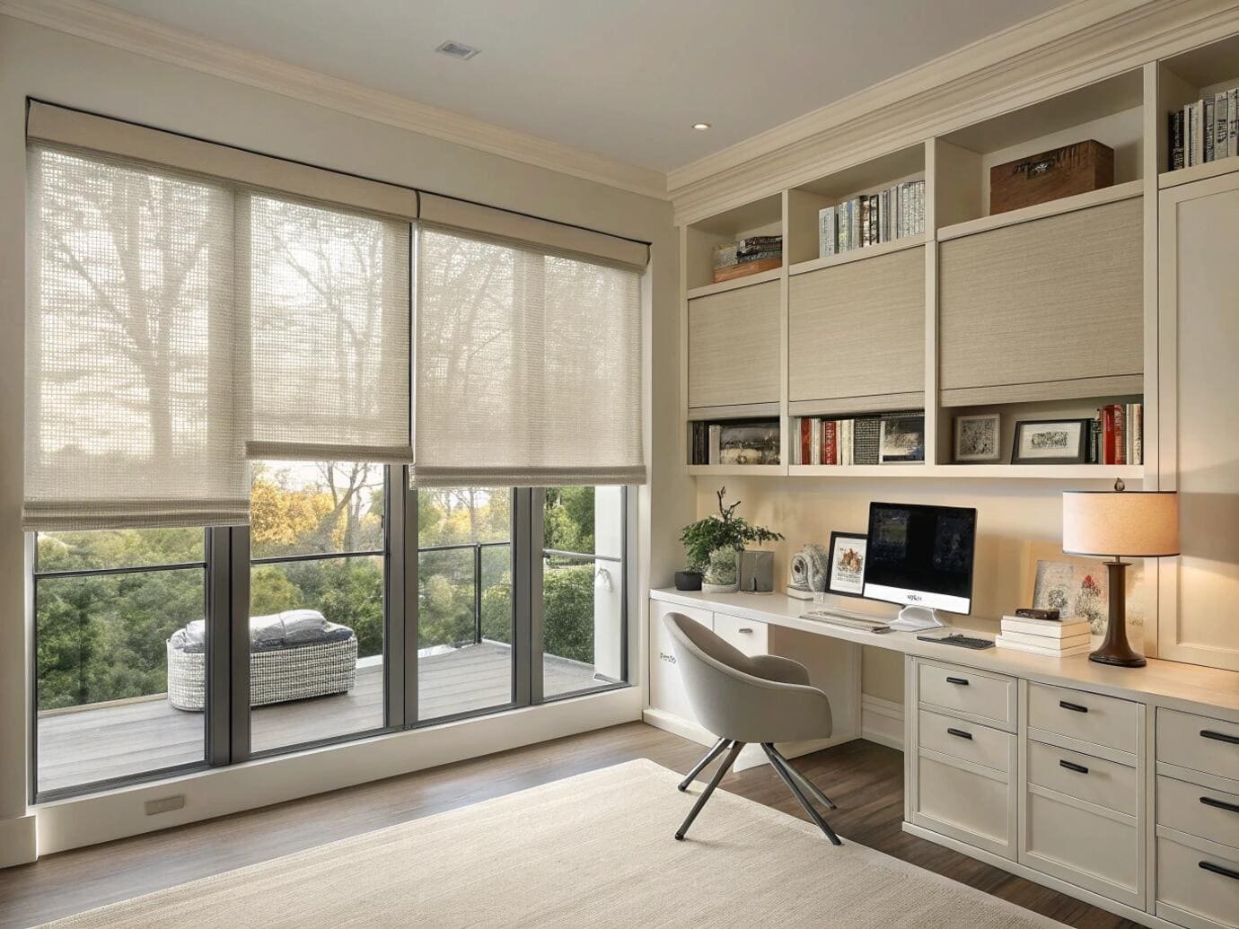 Home office with textured solar shades to reduce glare and preserve outdoor views.