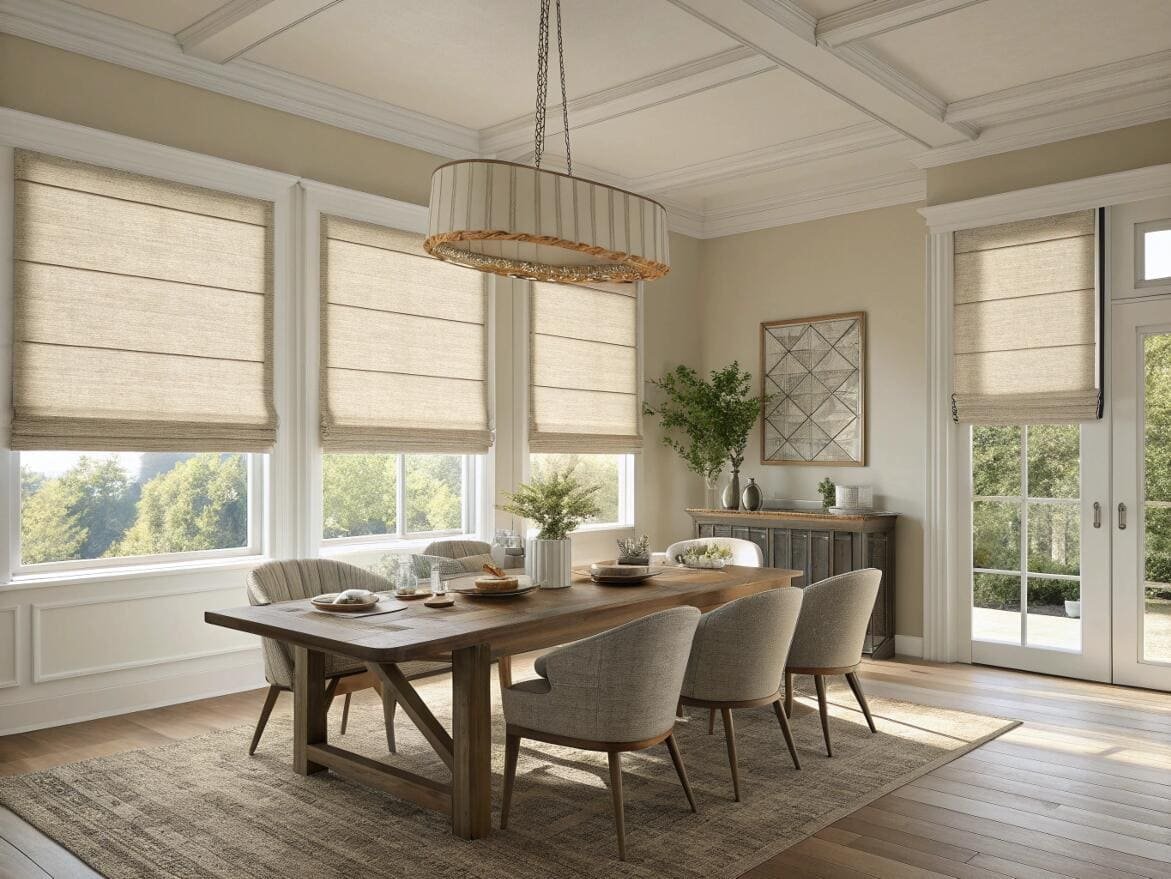 Farmhouse dining room featuring natural Roman shades for warm, inviting light control.