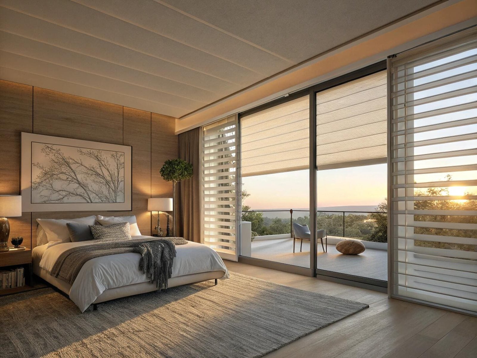 Luxury bedroom with sheer horizontal shadings on sliding doors for elegant light diffusion.