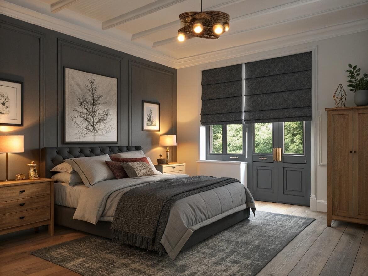 Moody, sophisticated bedroom with charcoal blackout Roman shades on French doors for privacy.