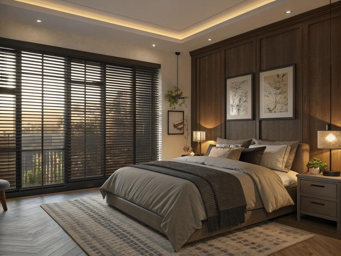 Luxurious bedroom with dark wood blinds providing privacy and complementing the wood wall panels.