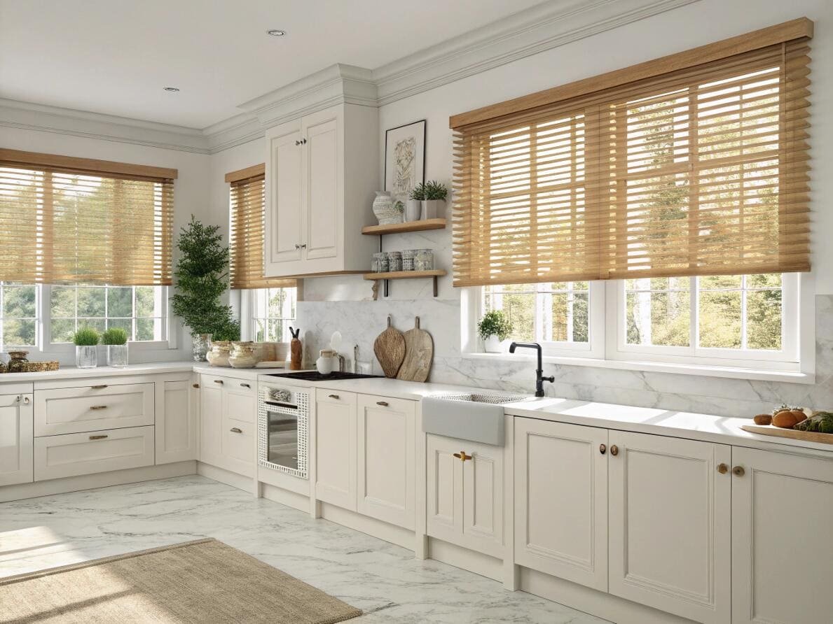 Classic kitchen with natural wood blinds adding warmth and texture to the space.
