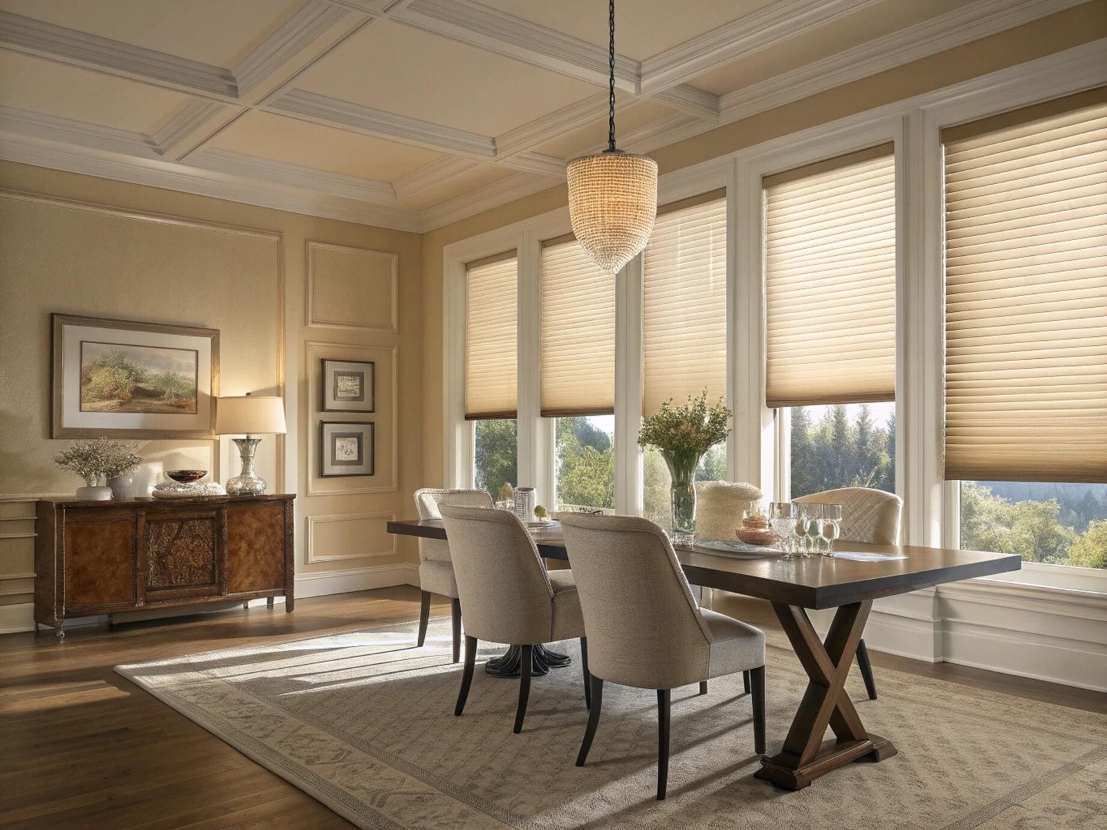 Elegant dining room with top-down bottom-up cellular shades for versatile light and privacy.