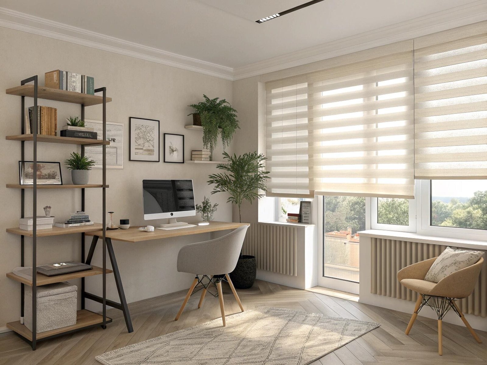 A bright, modern home office featuring light-filtering zebra shades for adjustable natural light.