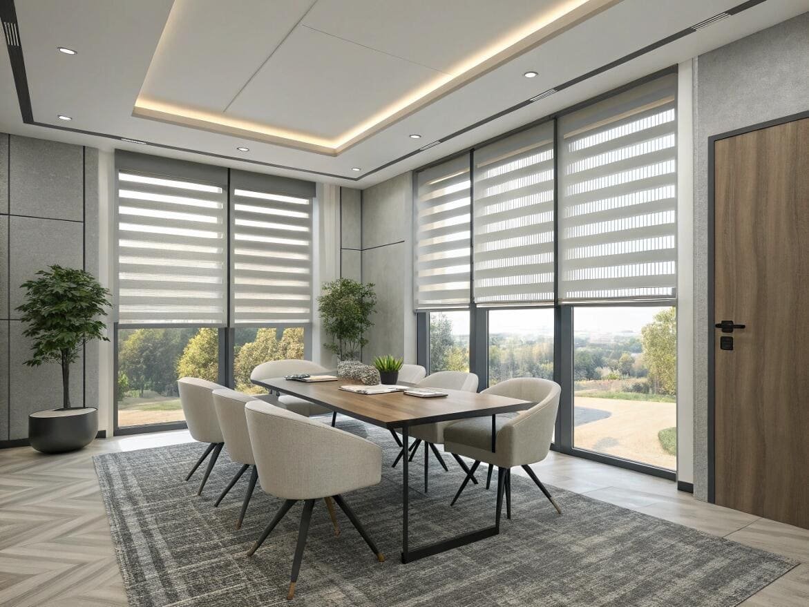 Sleek commercial meeting room featuring smart zebra shades for professional light control.