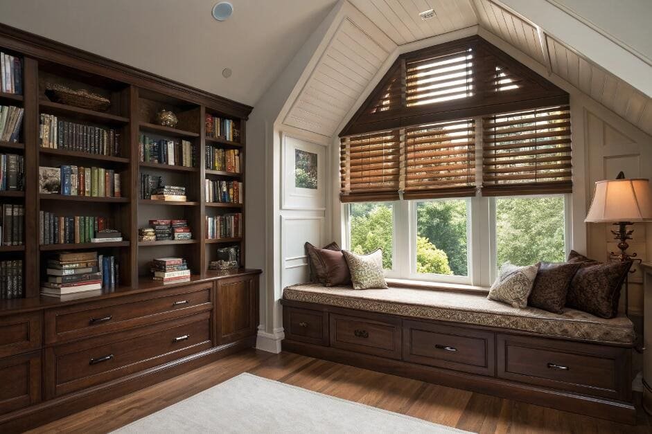 Cozy attic reading nook with built-in dark wood window seat and wooden blinds.