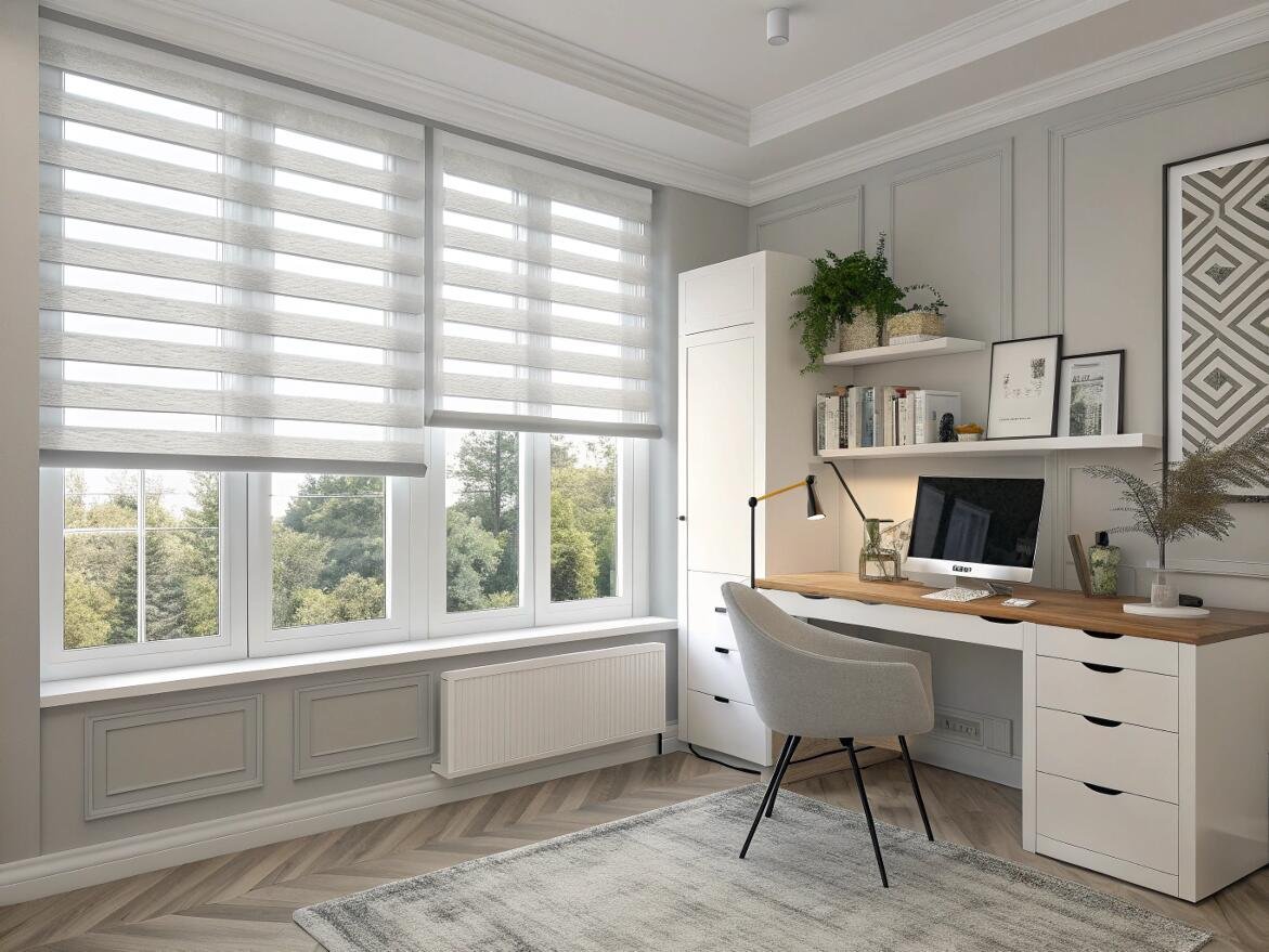Stylish home office with classic wall paneling and modern light-filtering dual roller shades.
