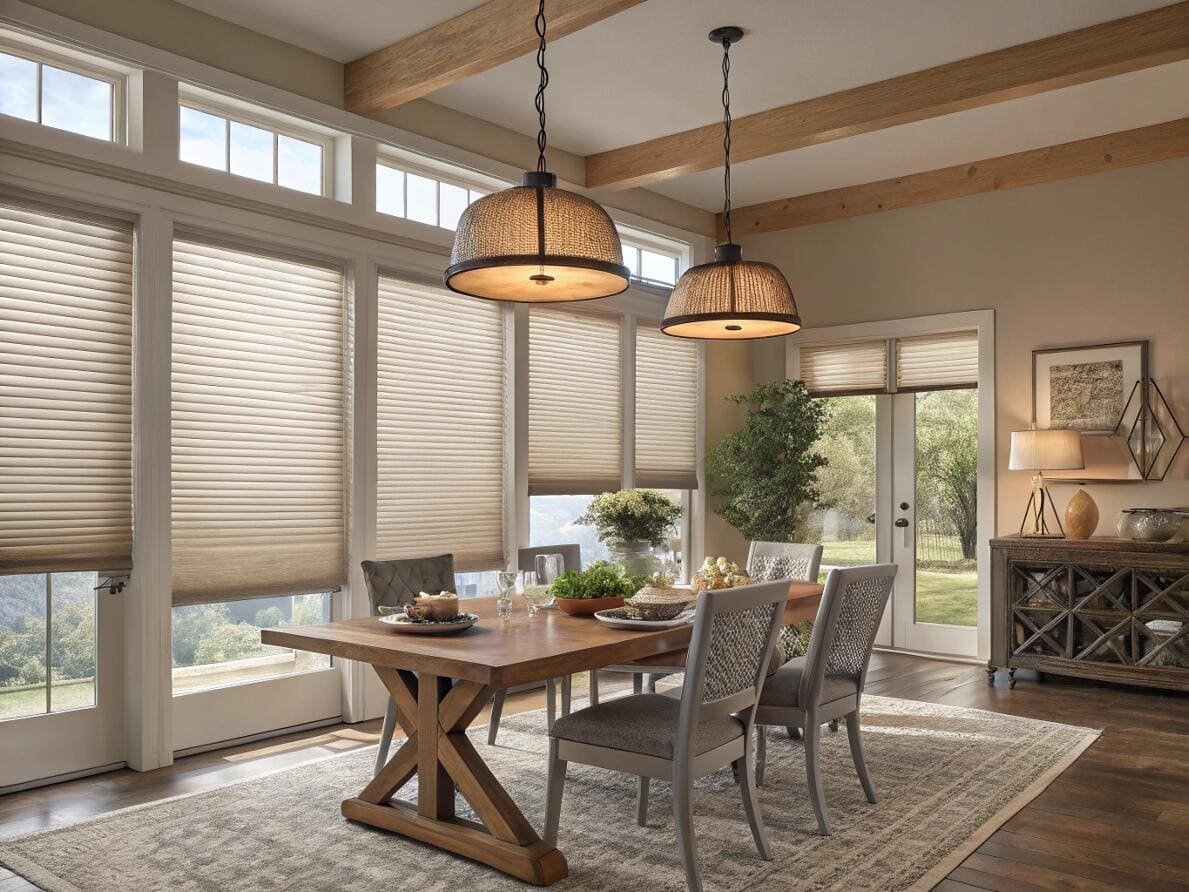 Rustic dining room with thermal cellular shades for energy-efficient homes and projects.