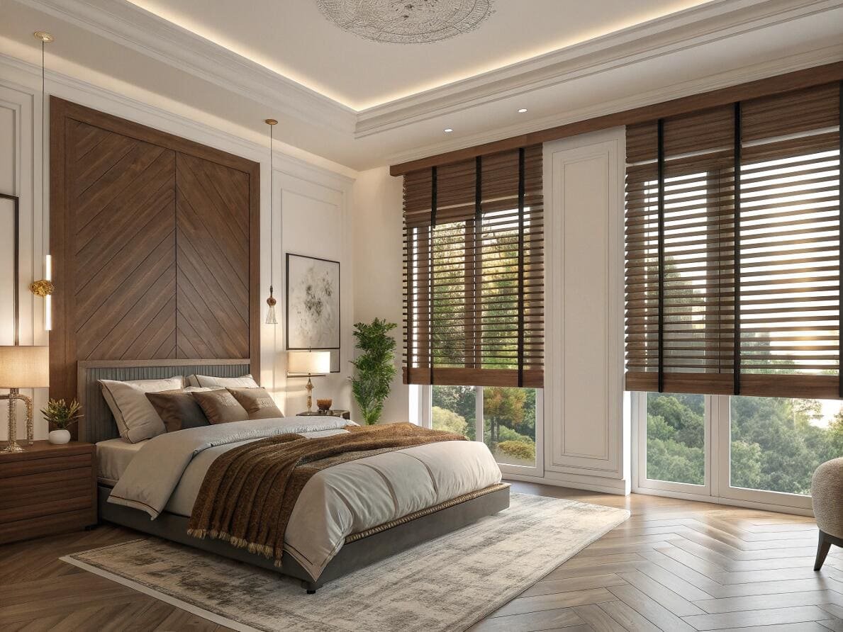 Luxury bedroom with a chevron wood wall and matching dark wood venetian blinds.