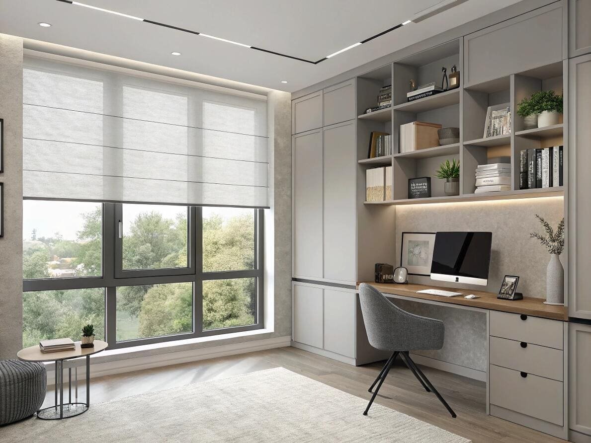Modern, minimalist home office with a sleek, light grey flat fold Roman shade.