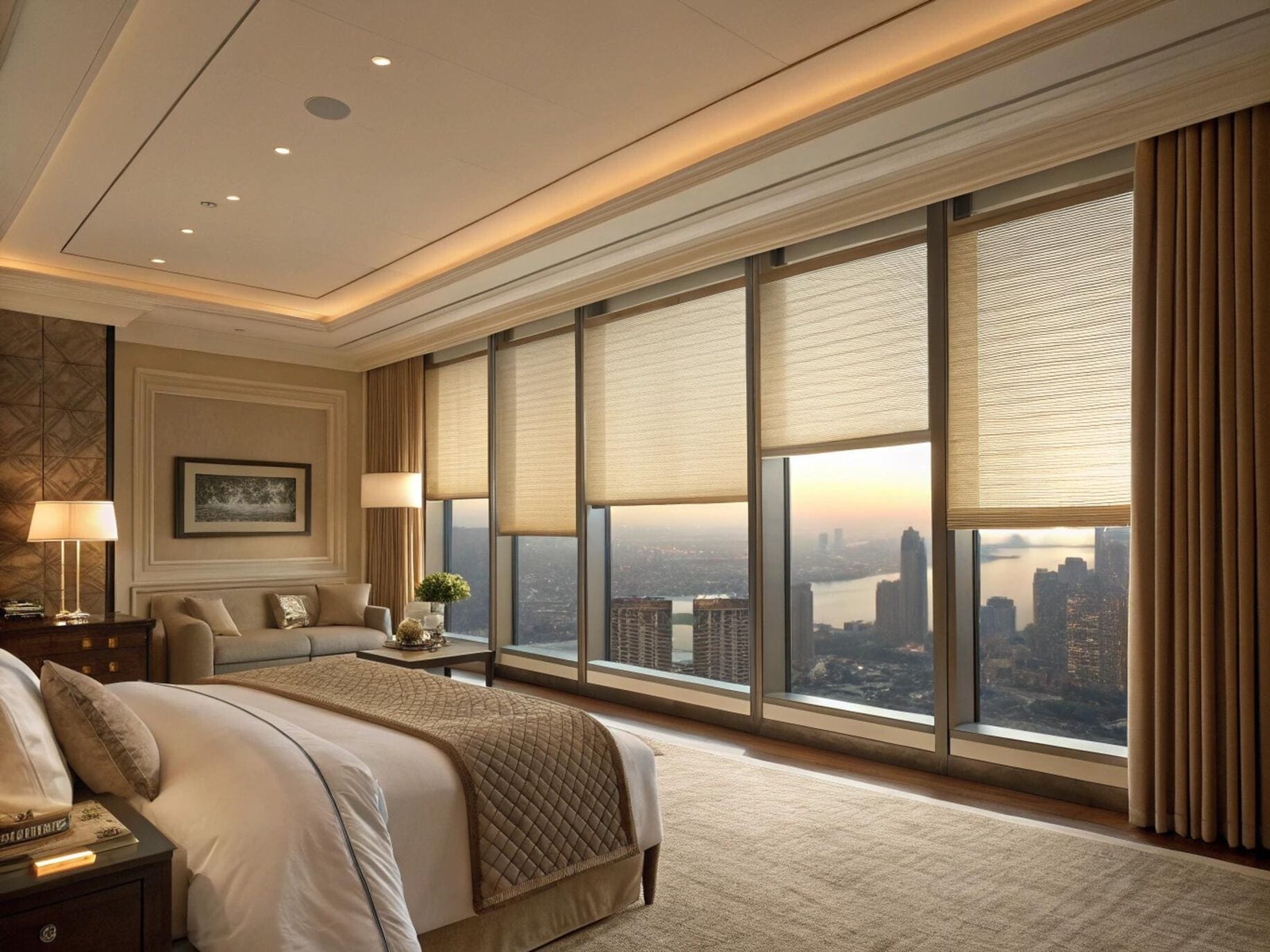 High-end hotel suite featuring motorized cellular shades for expansive city view windows.