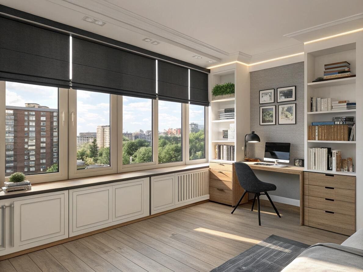 Home office with sleek, custom-fit blackout Roman shades for a productive environment.