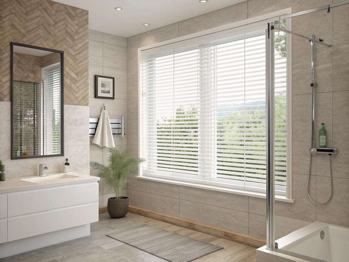 Modern bathroom with durable, moisture-resistant white faux wood blinds for privacy.