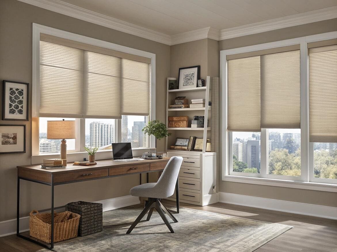 Comfortable home office with beige light-filtering cellular shades to reduce screen glare.