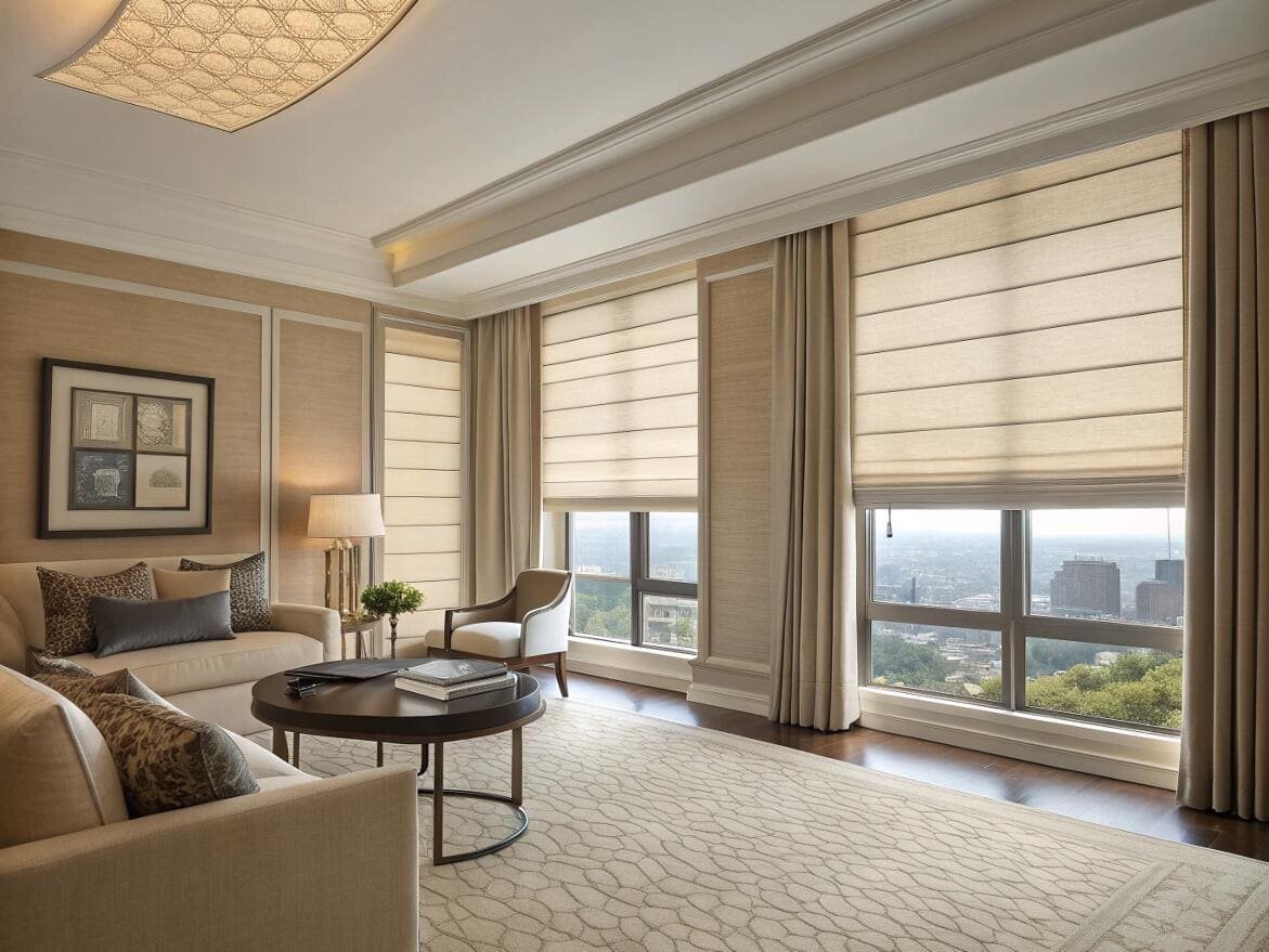 Luxurious sitting room with layered beige Roman shades and drapery for a high-end look.