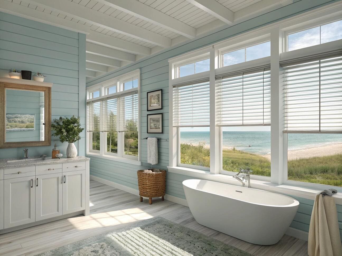 Coastal bathroom with classic white blinds to control light and enjoy ocean views.
